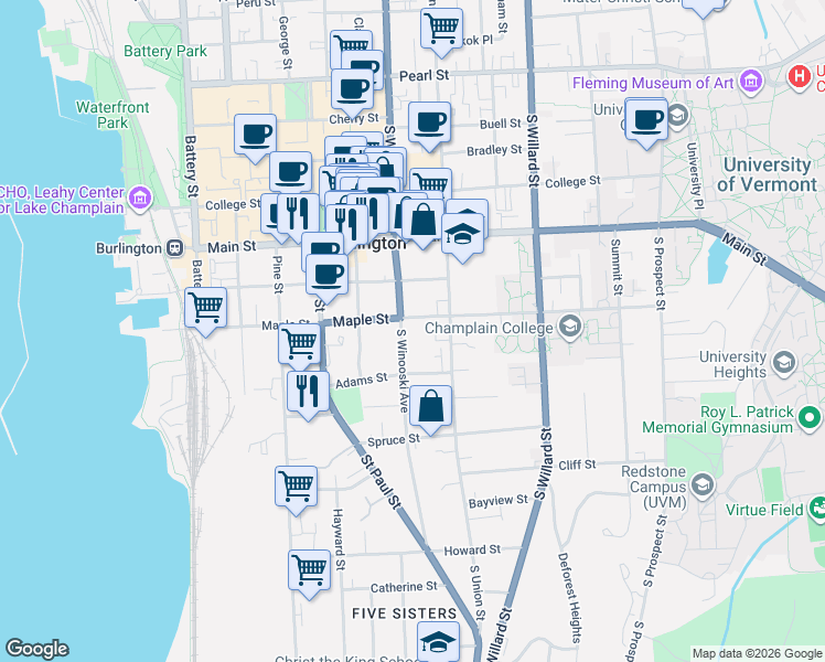 map of restaurants, bars, coffee shops, grocery stores, and more near 230 South Winooski Avenue in Burlington