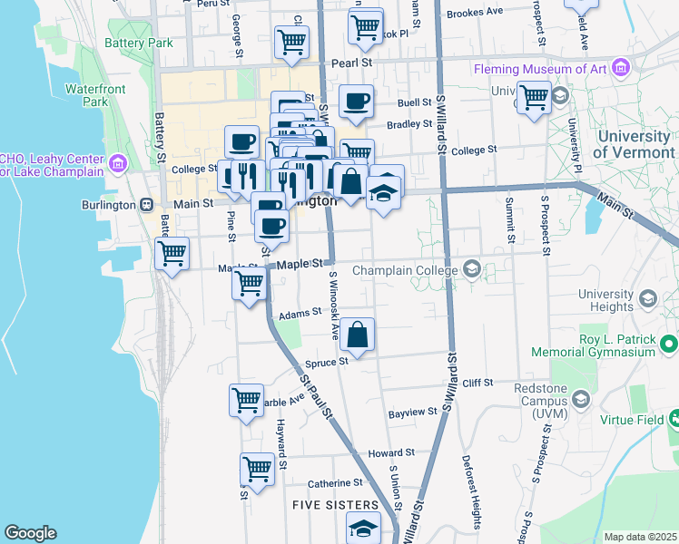 map of restaurants, bars, coffee shops, grocery stores, and more near 230 South Winooski Avenue in Burlington