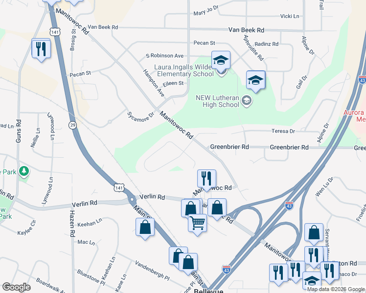 map of restaurants, bars, coffee shops, grocery stores, and more near 2503 Wandering Springs Street in Green Bay