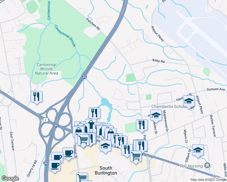 map of restaurants, bars, coffee shops, grocery stores, and more near 231 Juniper Drive in South Burlington