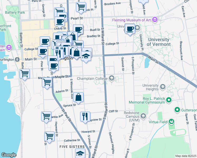 map of restaurants, bars, coffee shops, grocery stores, and more near 317 Maple Street in Burlington