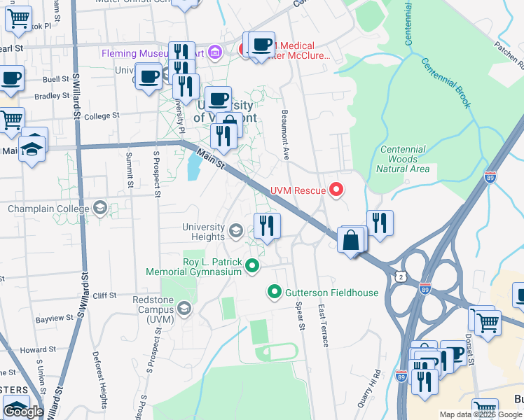 map of restaurants, bars, coffee shops, grocery stores, and more near 633 Main Street in Burlington