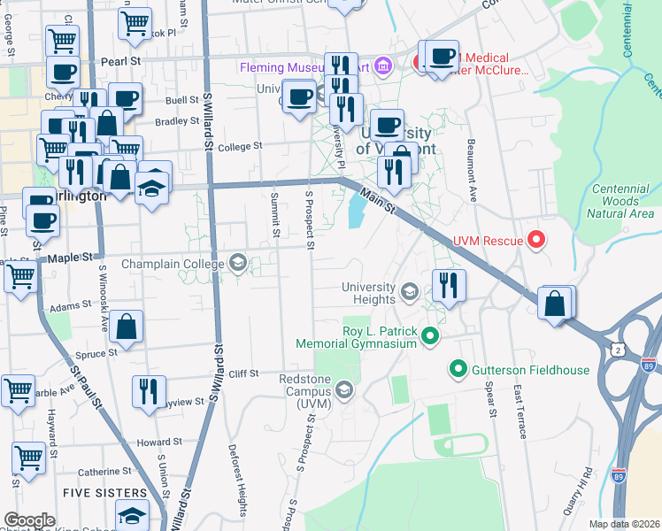map of restaurants, bars, coffee shops, grocery stores, and more near 151 Robinson Parkway in Burlington