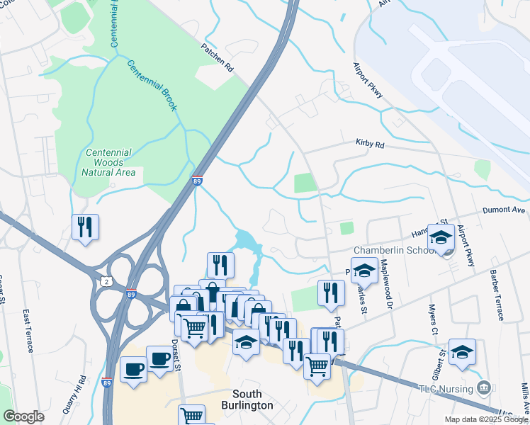 map of restaurants, bars, coffee shops, grocery stores, and more near 231 Juniper Drive in South Burlington