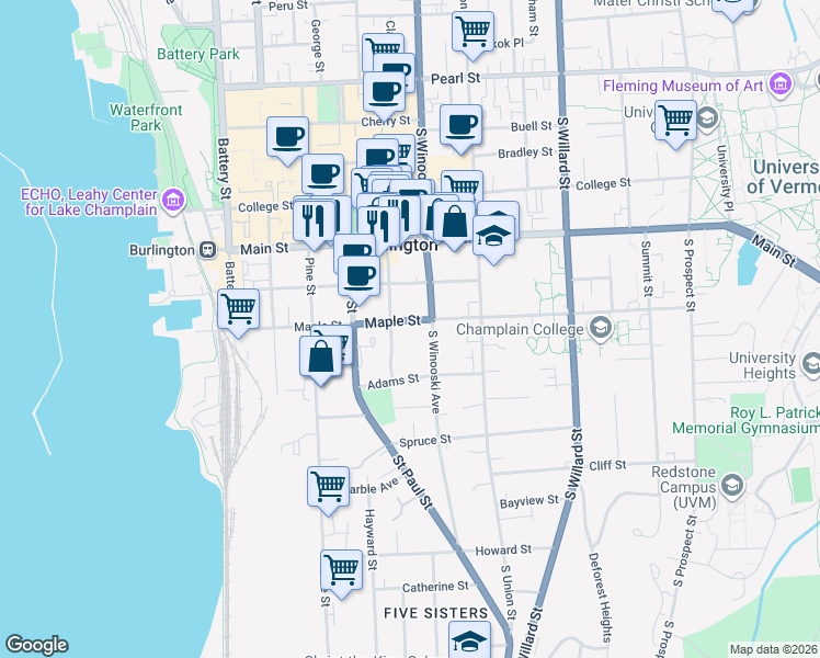 map of restaurants, bars, coffee shops, grocery stores, and more near 179 Maple Street in Burlington