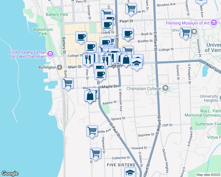 map of restaurants, bars, coffee shops, grocery stores, and more near 179 Maple Street in Burlington