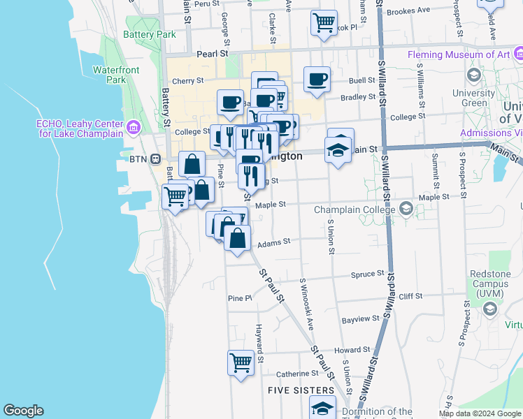 map of restaurants, bars, coffee shops, grocery stores, and more near 139 Maple Street in Burlington