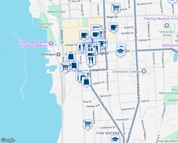 map of restaurants, bars, coffee shops, grocery stores, and more near 139 Maple Street in Burlington