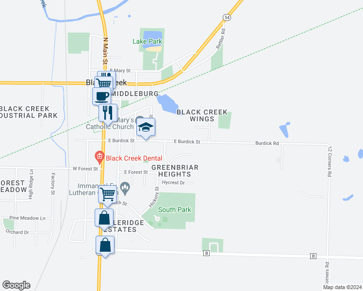 map of restaurants, bars, coffee shops, grocery stores, and more near 506 East Burdick Street in Black Creek