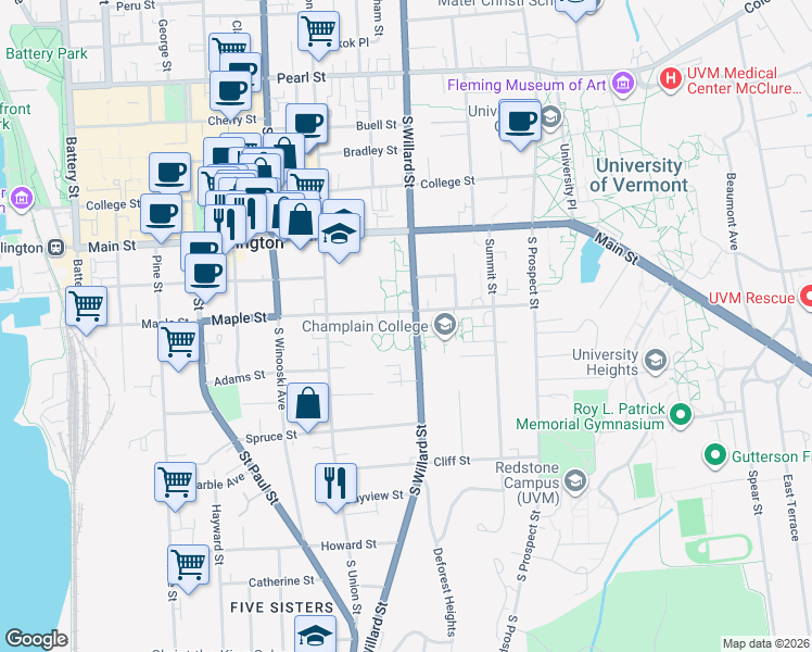 map of restaurants, bars, coffee shops, grocery stores, and more near 237 South Willard Street in Burlington