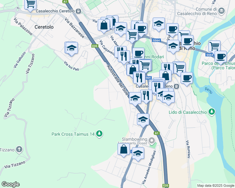 map of restaurants, bars, coffee shops, grocery stores, and more near 23 Via L. da Vinci in Casalecchio di Reno