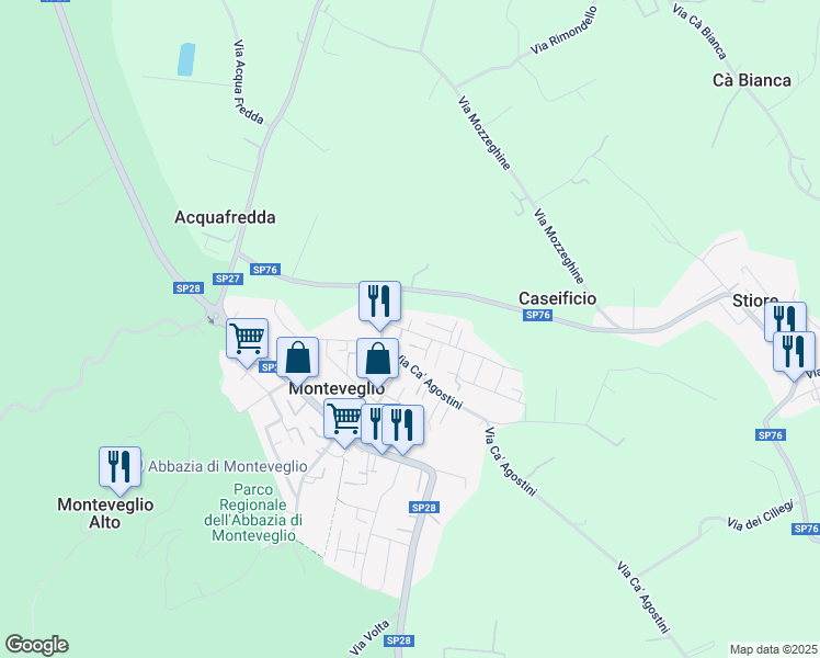 map of restaurants, bars, coffee shops, grocery stores, and more near 9 Via dalla Chiesa Carlo Alberto in Monteveglio