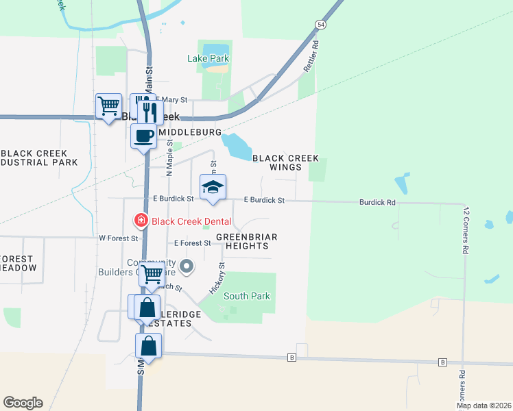 map of restaurants, bars, coffee shops, grocery stores, and more near 508 East Burdick Street in Black Creek