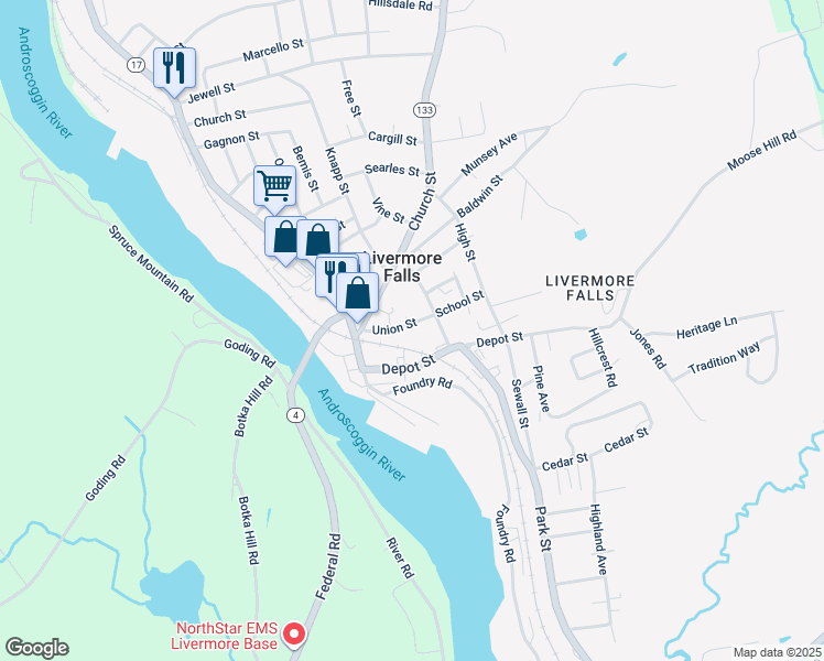 map of restaurants, bars, coffee shops, grocery stores, and more near 29 Union Street in Livermore Falls