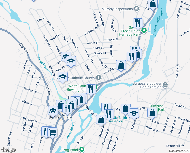 map of restaurants, bars, coffee shops, grocery stores, and more near 275 School Street in Berlin