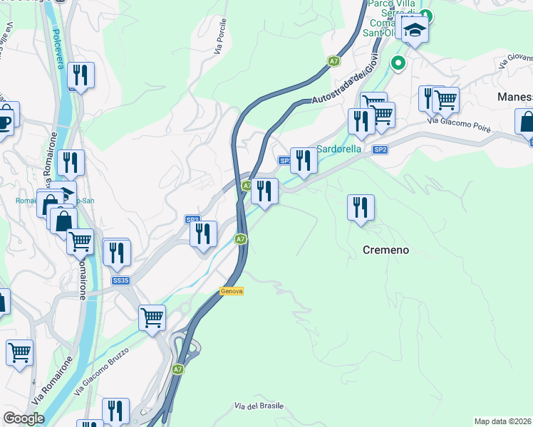 map of restaurants, bars, coffee shops, grocery stores, and more near in Genoa