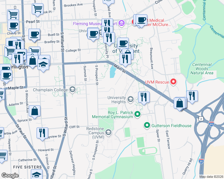 map of restaurants, bars, coffee shops, grocery stores, and more near 102 Robinson Parkway in Burlington