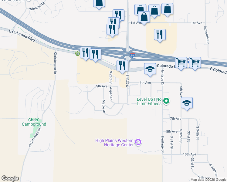 map of restaurants, bars, coffee shops, grocery stores, and more near 406 Aspen Drive in Spearfish