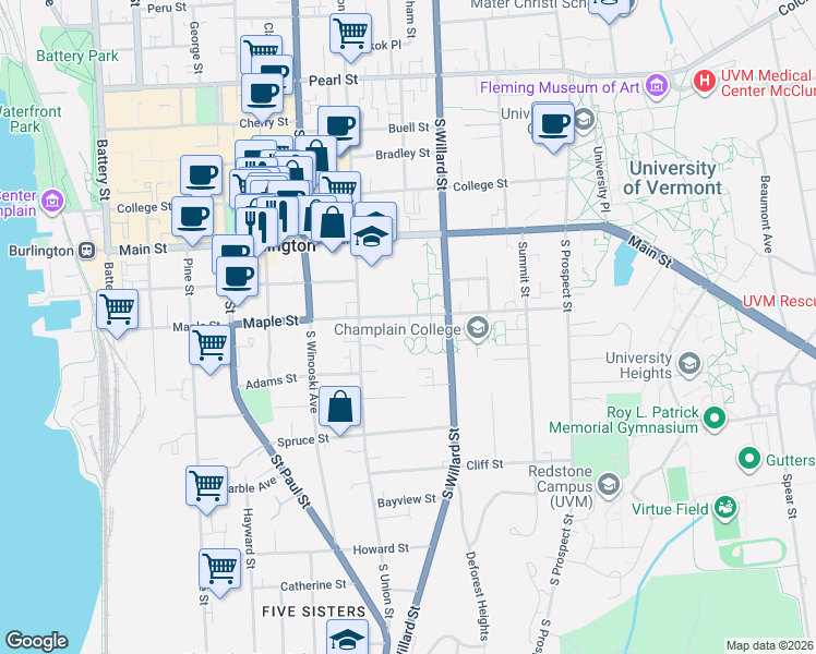 map of restaurants, bars, coffee shops, grocery stores, and more near 295 Maple Street in Burlington