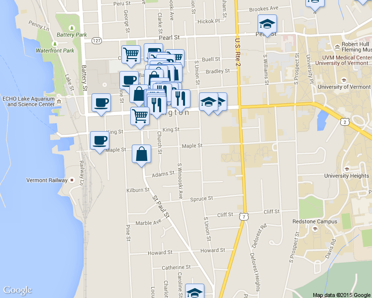 map of restaurants, bars, coffee shops, grocery stores, and more near 230 South Winooski Avenue in Burlington