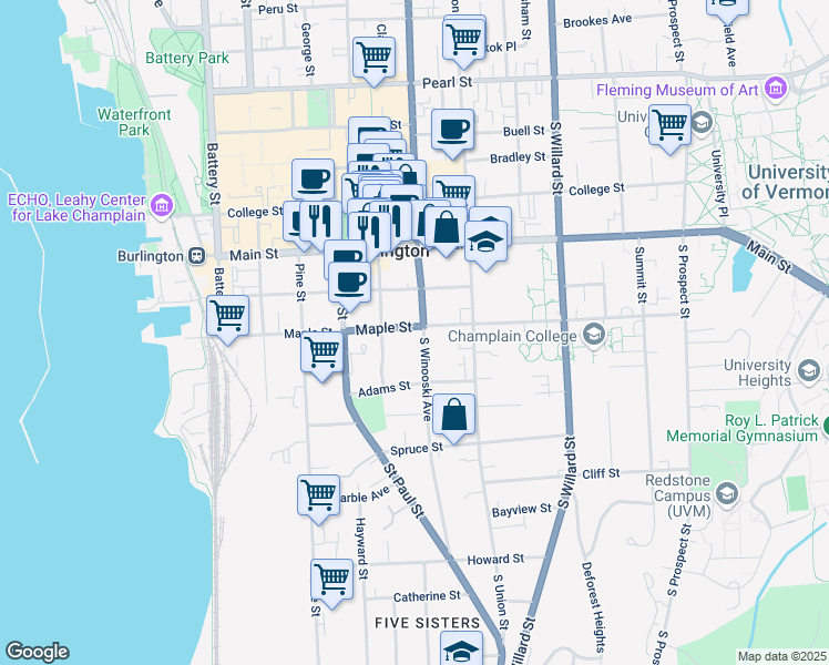 map of restaurants, bars, coffee shops, grocery stores, and more near 230 South Winooski Avenue in Burlington