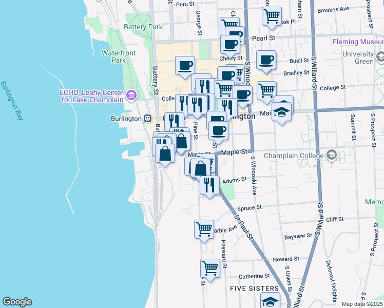 map of restaurants, bars, coffee shops, grocery stores, and more near 81 Maple Street in Burlington