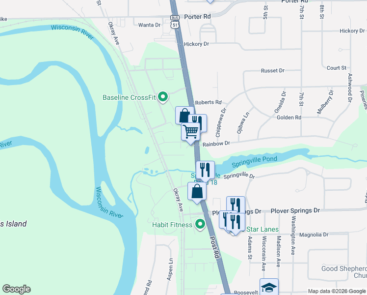 map of restaurants, bars, coffee shops, grocery stores, and more near 1642 Okray Avenue in Plover