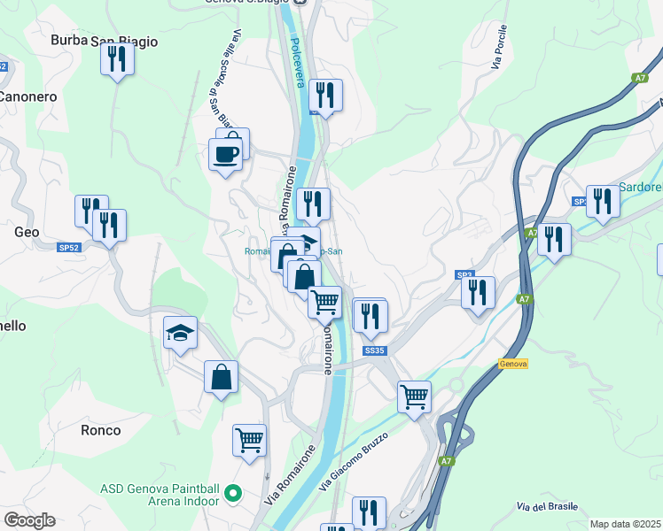map of restaurants, bars, coffee shops, grocery stores, and more near 23 Via San Quirico in Genova