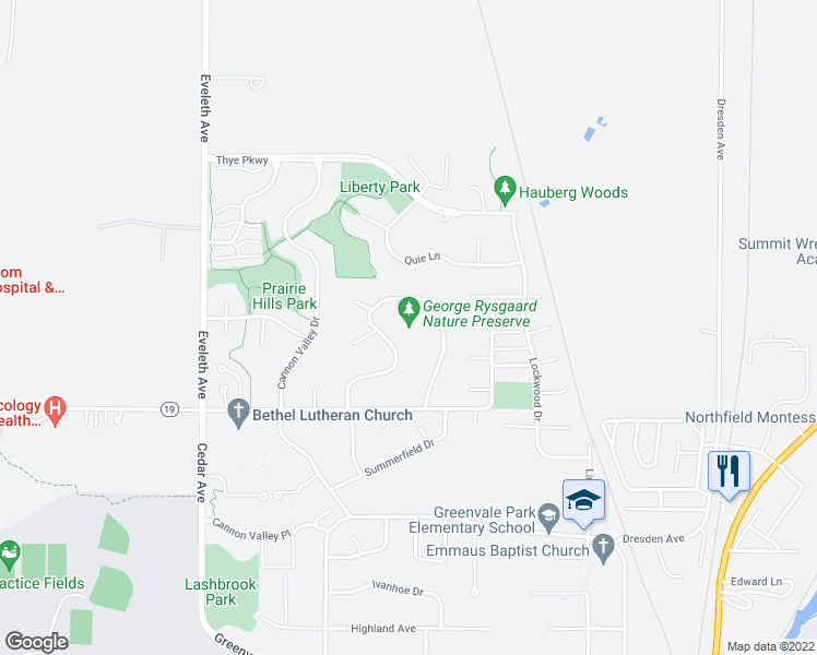 map of restaurants, bars, coffee shops, grocery stores, and more near 1117 Woodland Trail in Northfield