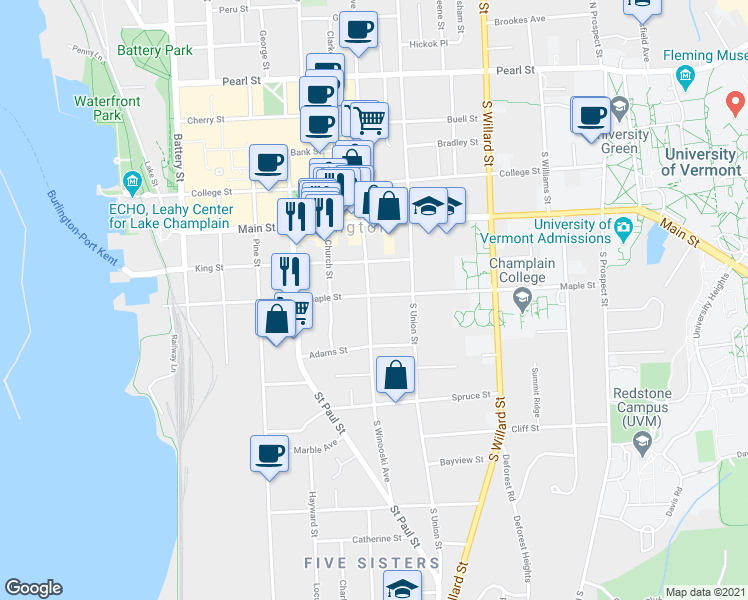 map of restaurants, bars, coffee shops, grocery stores, and more near 215 Maple Street in Burlington