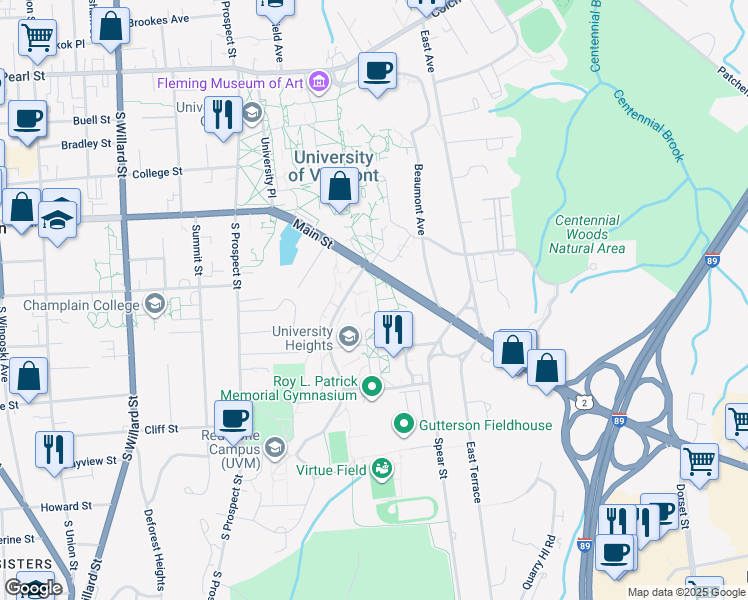 map of restaurants, bars, coffee shops, grocery stores, and more near 633 Main Street in Burlington