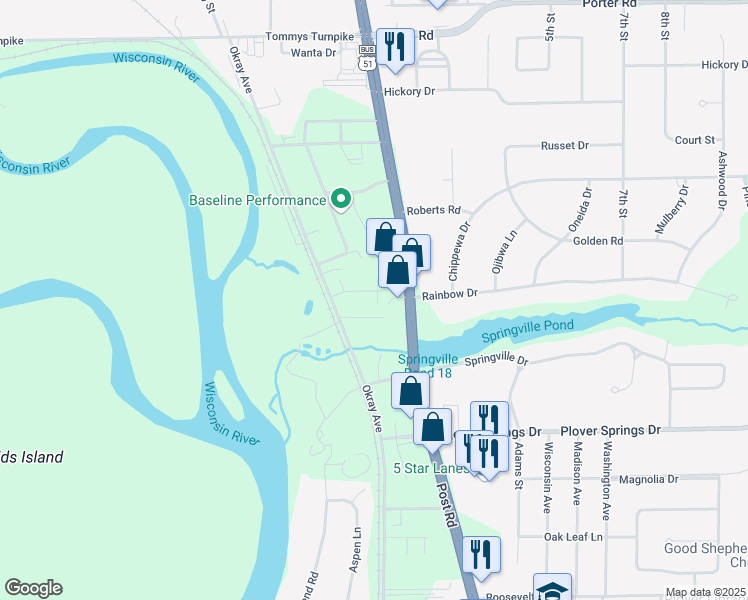 map of restaurants, bars, coffee shops, grocery stores, and more near 1568 Okray Avenue in Plover