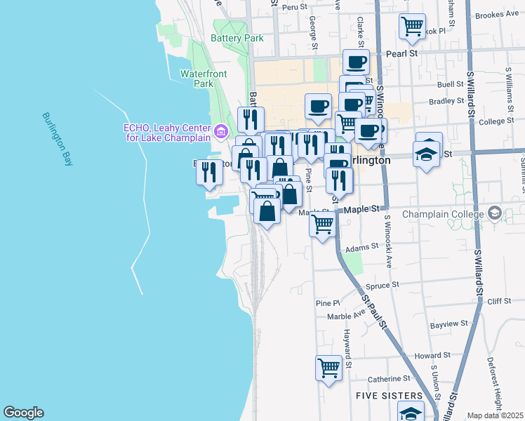map of restaurants, bars, coffee shops, grocery stores, and more near 212 Battery Street in Burlington