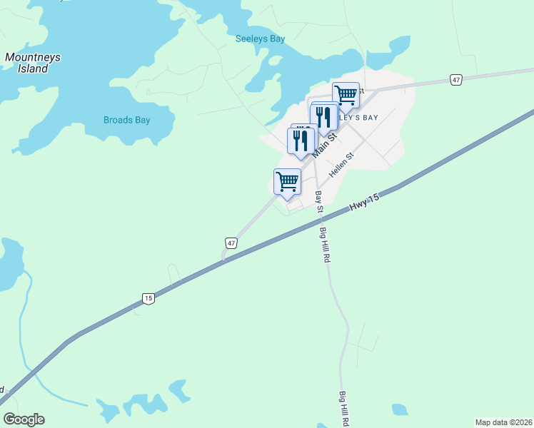map of restaurants, bars, coffee shops, grocery stores, and more near 115 Main Street in Leeds and the Thousand Islands