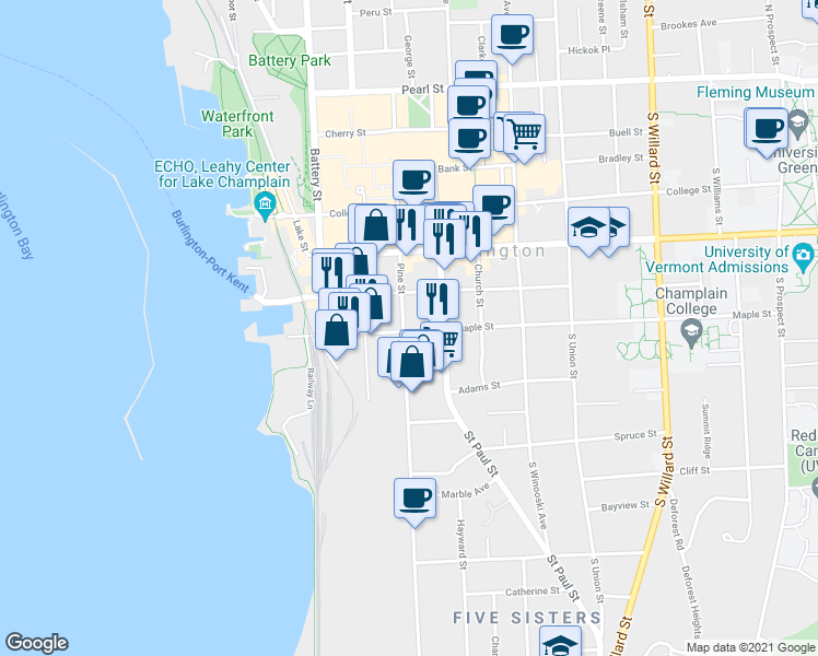 map of restaurants, bars, coffee shops, grocery stores, and more near 111 Maple Street in Burlington