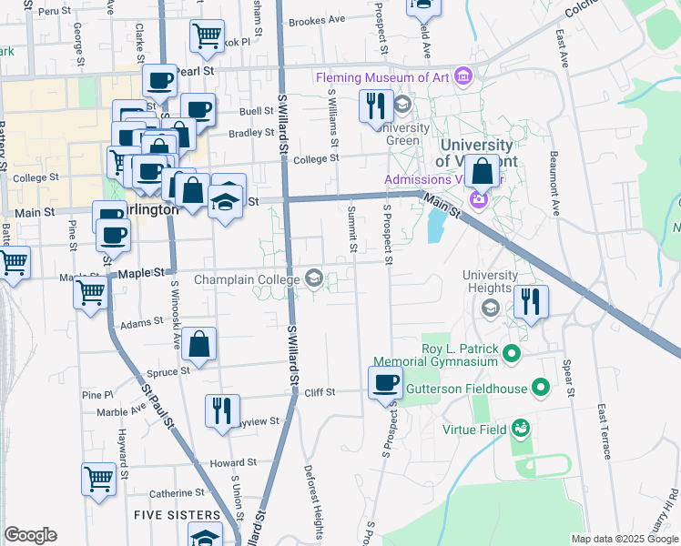 map of restaurants, bars, coffee shops, grocery stores, and more near 83 Summit Street in Burlington
