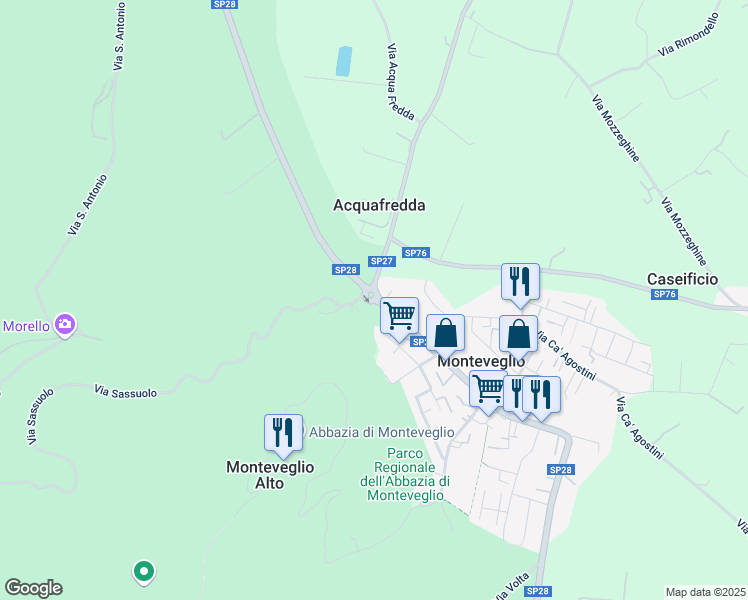 map of restaurants, bars, coffee shops, grocery stores, and more near Strada Provinciale 28 in Città Metropolitana di Bologna