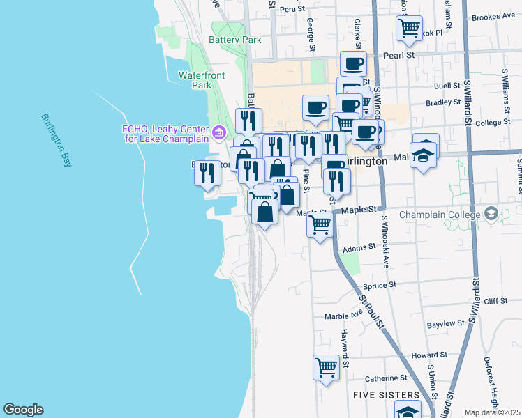 map of restaurants, bars, coffee shops, grocery stores, and more near 216 Battery Street in Burlington