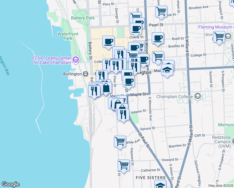 map of restaurants, bars, coffee shops, grocery stores, and more near 111 Maple Street in Burlington