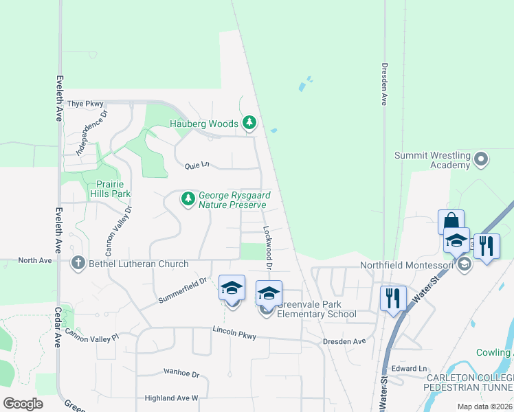 map of restaurants, bars, coffee shops, grocery stores, and more near 500 Nelson Court in Northfield