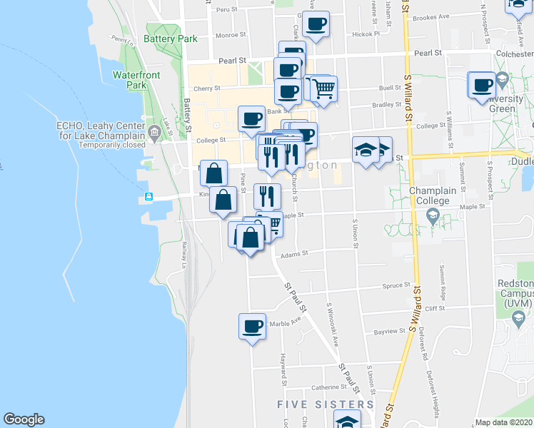map of restaurants, bars, coffee shops, grocery stores, and more near 201 Saint Paul Street in Burlington