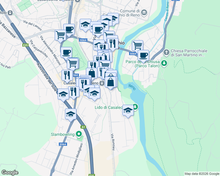 map of restaurants, bars, coffee shops, grocery stores, and more near 12 Via Camillo Ronzani in Casalecchio di Reno