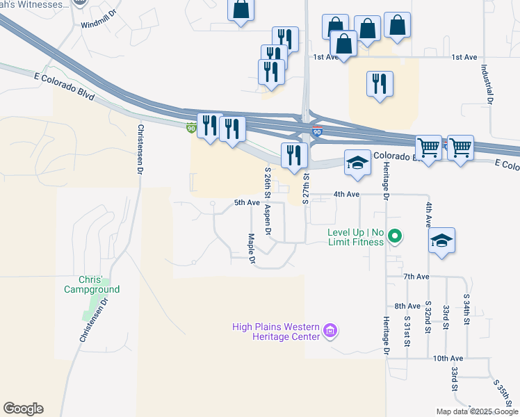 map of restaurants, bars, coffee shops, grocery stores, and more near 406 Aspen Drive in Spearfish
