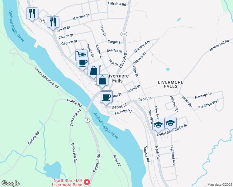 map of restaurants, bars, coffee shops, grocery stores, and more near 29 Union Street in Livermore Falls