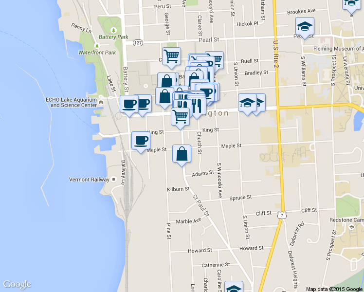 map of restaurants, bars, coffee shops, grocery stores, and more near 139 Maple Street in Burlington