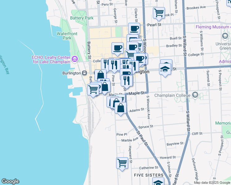map of restaurants, bars, coffee shops, grocery stores, and more near 111 Maple Street in Burlington