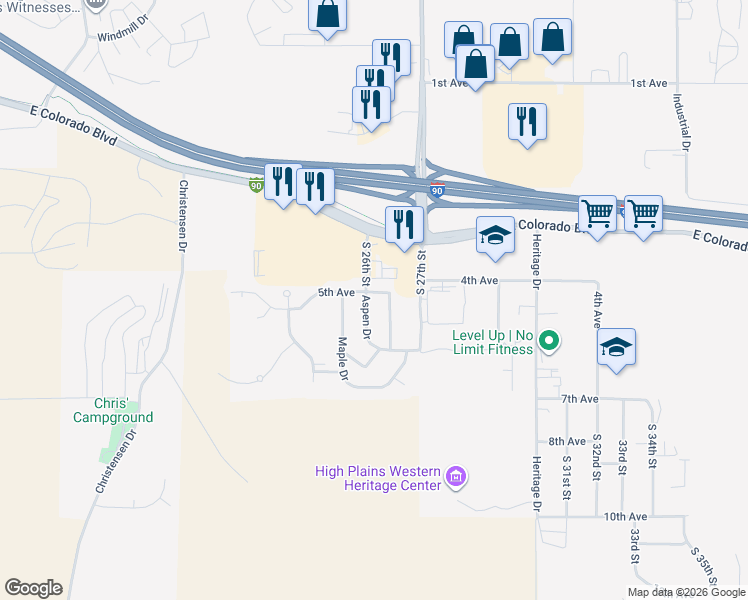 map of restaurants, bars, coffee shops, grocery stores, and more near 308 Aspen Drive in Spearfish