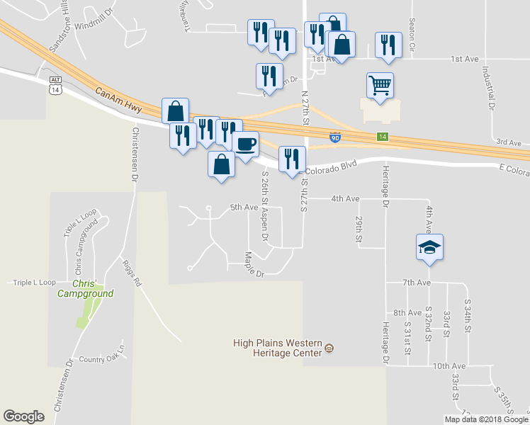 map of restaurants, bars, coffee shops, grocery stores, and more near 211 Aspen Drive in Spearfish