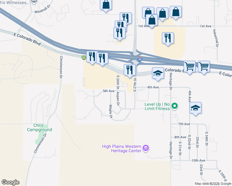 map of restaurants, bars, coffee shops, grocery stores, and more near 309 Aspen Drive in Spearfish
