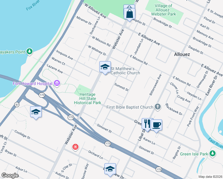 map of restaurants, bars, coffee shops, grocery stores, and more near 2600 Beaumont Street in Green Bay